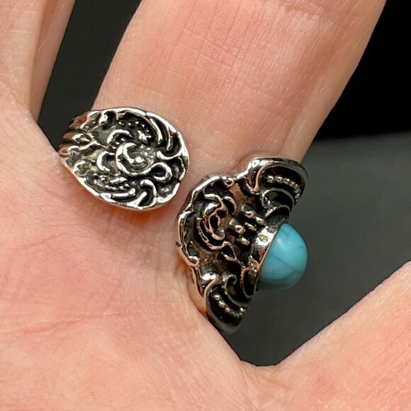 Boho Rose and Flowers with Faux Turquoise Adjustable Spoon Ring #1221 - Picture 11 of 16